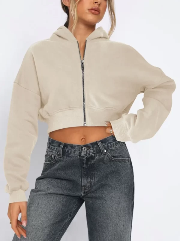 Zip Up Long Sleeve Hooded Cropped Jacket - Image 8