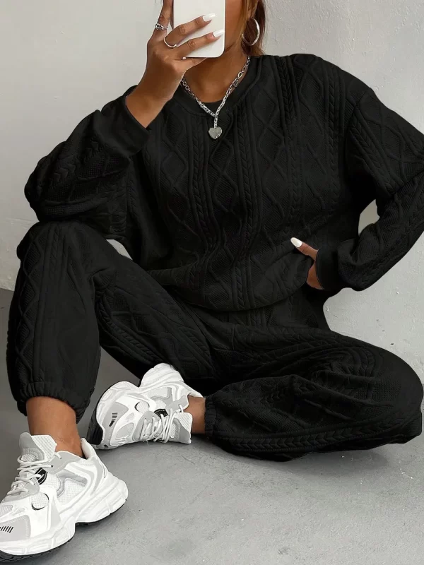 Texture Round Neck Top and Pants Set - Image 12