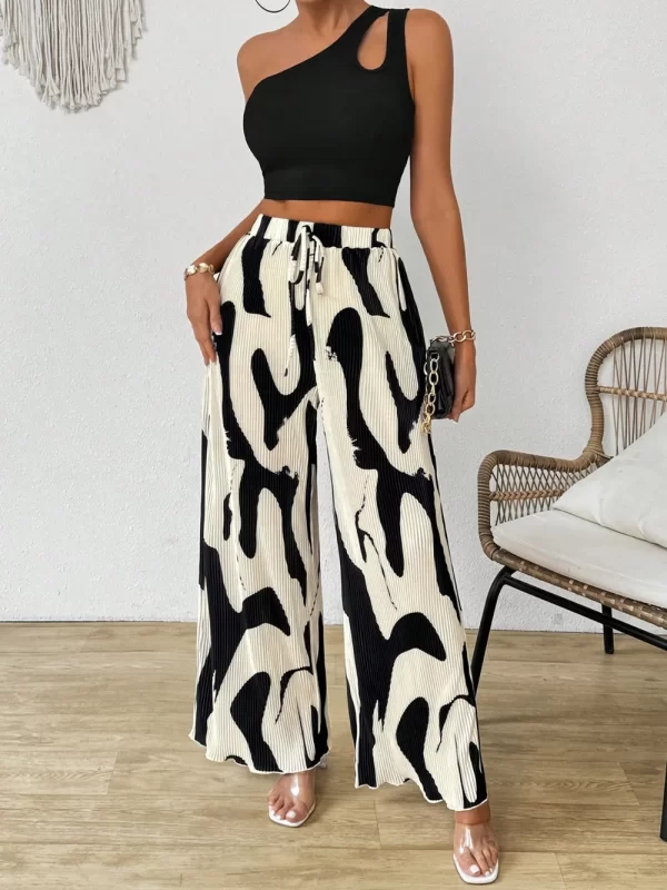 Cutout One Shoulder Top and Printed Pants Set - Image 2