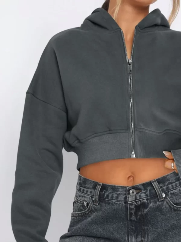 Zip Up Long Sleeve Hooded Cropped Jacket - Image 9
