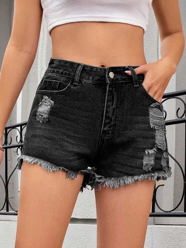 Distressed Raw Hem Denim Shorts - Image 6