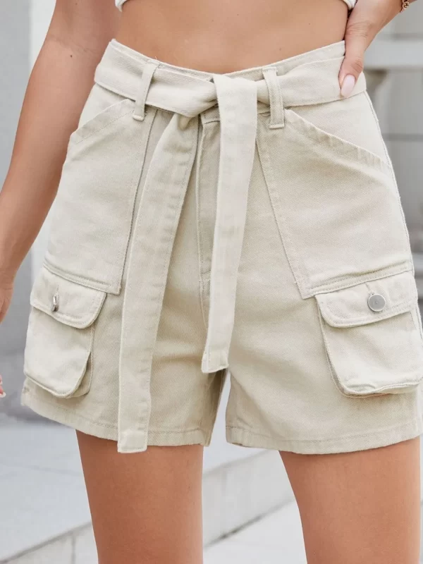 High Waist Belted Cargo Denim Shorts - Image 5