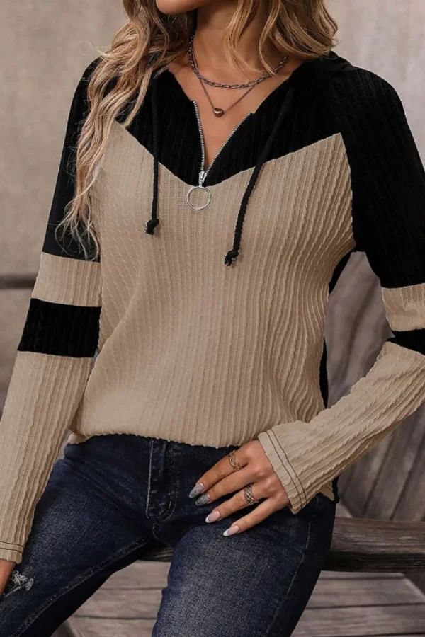 Drawstring Quarter Zip Contrast Long Sleeve Hoodie - Image 3