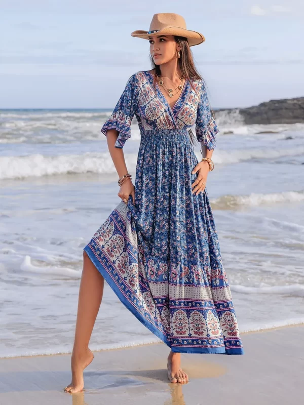 Ruched Printed Flounce Sleeve Midi Dress - Image 5