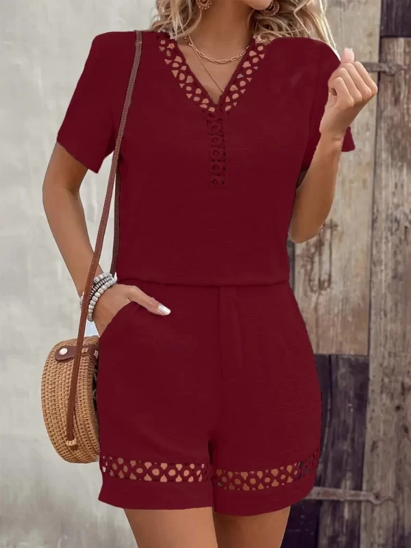 V Neck Short Sleeve Top and Shorts Set - Image 4