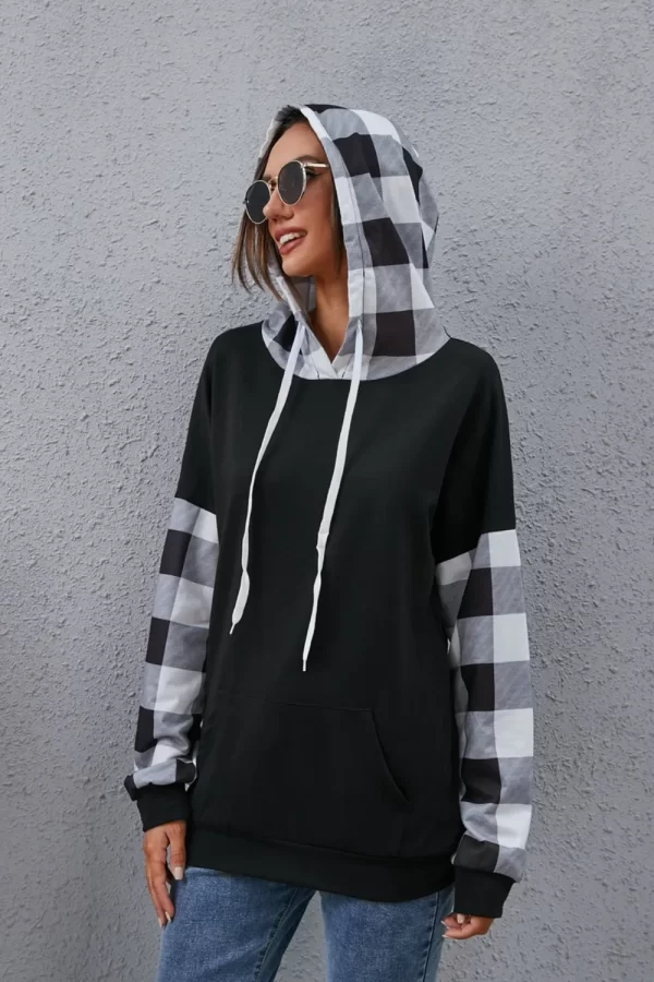 Plaid Drawstring Dropped Shoulder Hoodie - Image 7