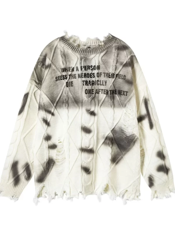 Men's Distressed Letter Round Neck Sweater