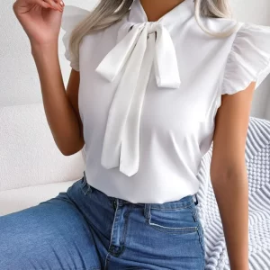 Ruffle Cap Sleeve Bow Tie Blouse