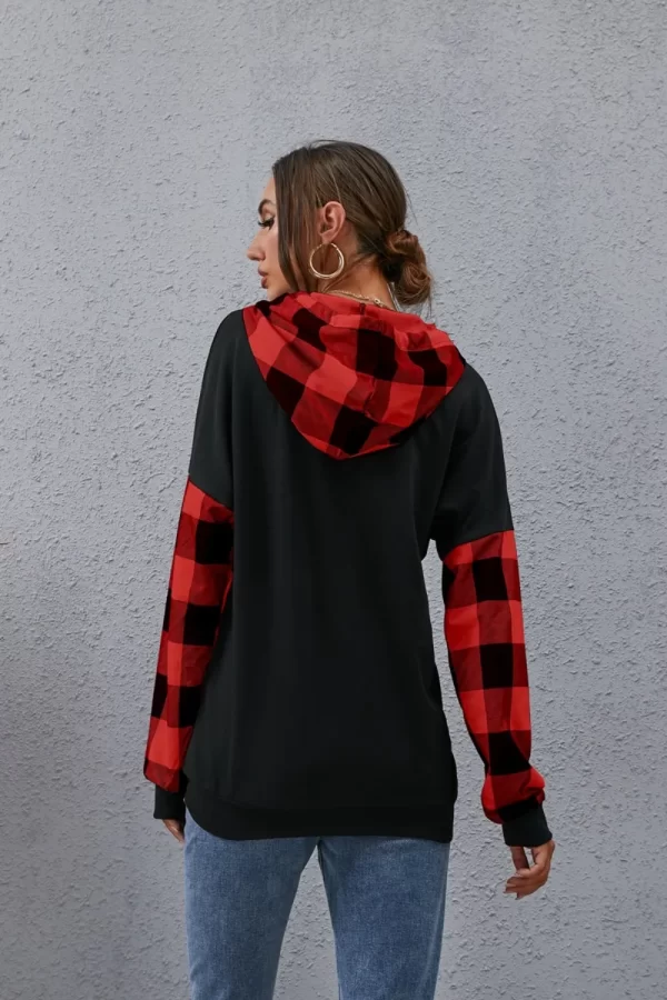 Plaid Drawstring Dropped Shoulder Hoodie - Image 2