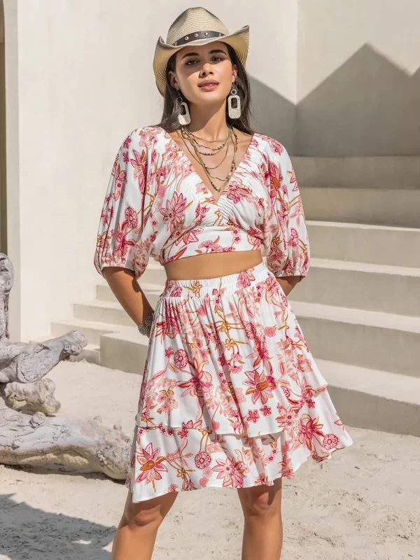 Printed Half Sleeve Top and Layered Skirt Set - Image 4