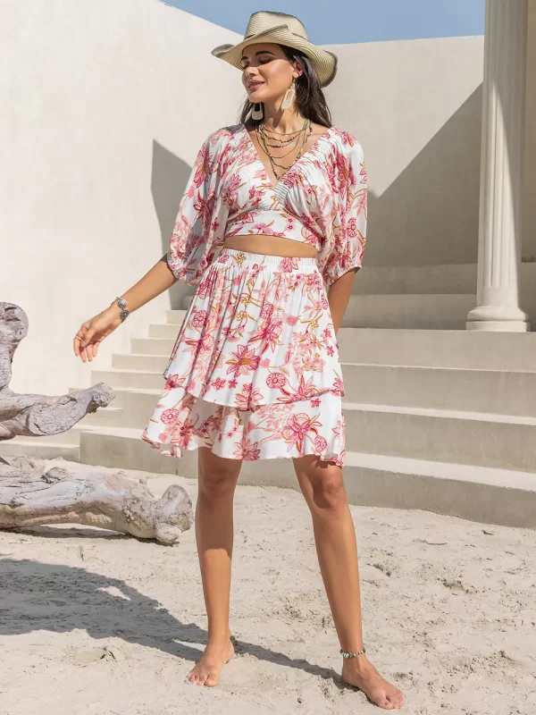 Printed Half Sleeve Top and Layered Skirt Set - Image 2