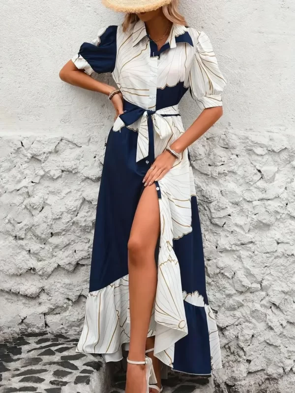 Printed Tie Waist Half Sleeve Maxi Shirt Dress - Image 4