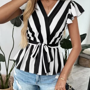 Striped Surplice Flutter Sleeve Wrap Blouse