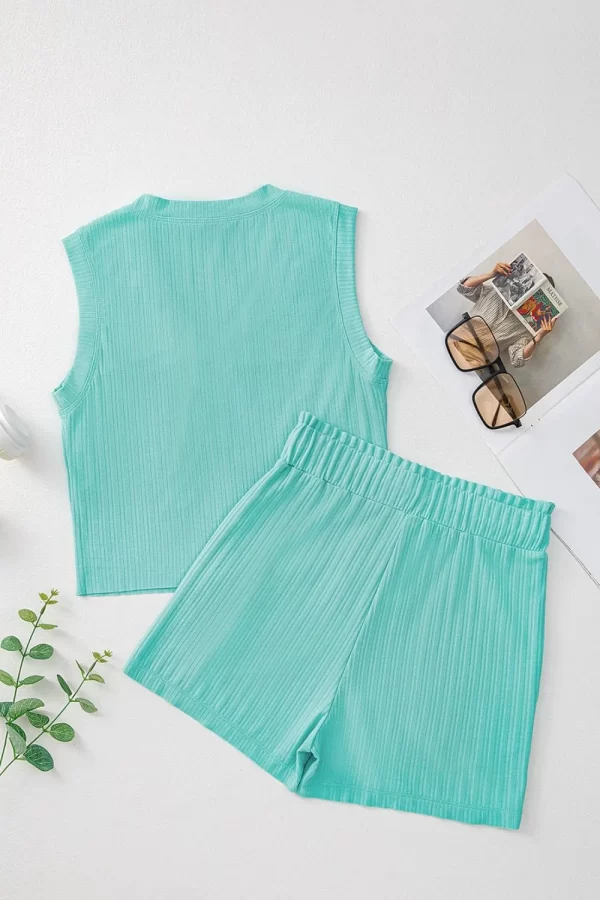 Ribbed Button V Neck Tank Top and Shorts Set - Image 6