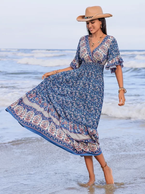 Ruched Printed Flounce Sleeve Midi Dress - Image 3