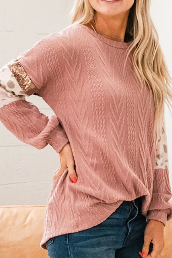 Sequin Leopard Round Neck Long Sleeve Sweater - Image 7