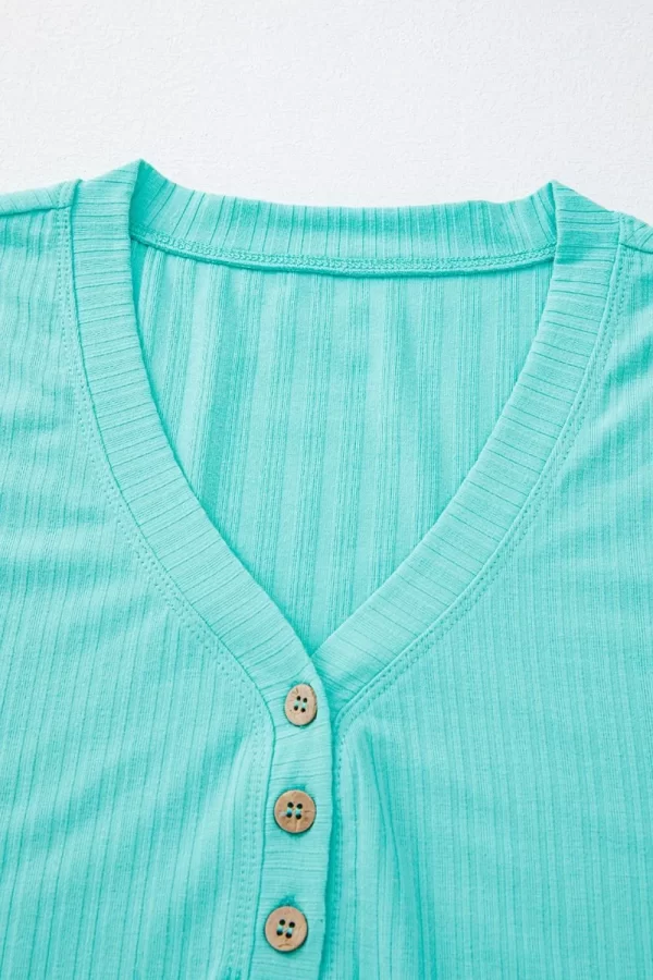 Ribbed Button V Neck Tank Top and Shorts Set - Image 5