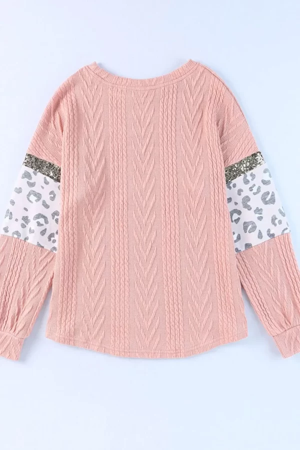 Sequin Leopard Round Neck Long Sleeve Sweater - Image 5