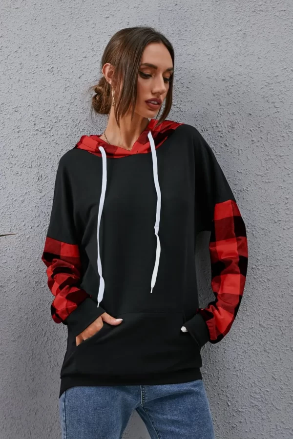 Plaid Drawstring Dropped Shoulder Hoodie - Image 4
