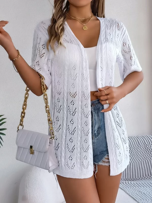 Openwork Open Front Half Sleeve Cardigan - Image 6