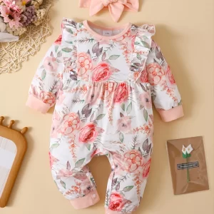 Ruffled Floral Round Neck Jumpsuit with Headband