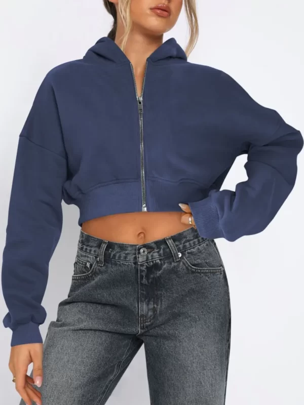 Zip Up Long Sleeve Hooded Cropped Jacket - Image 14