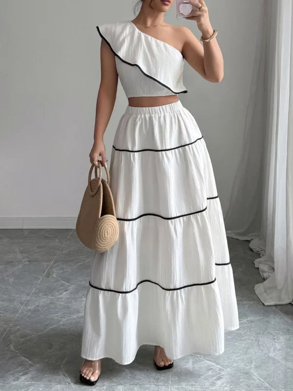 One-Shoulder Ruffle Top and Skirt Two-Piece Set - Image 4